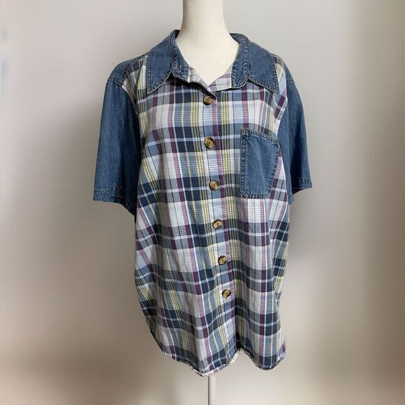 Vintage Y2K Plus 18W Denim Blue Plaid Short Sleeve Button Front Casual Blouse - Picture 1 of 11